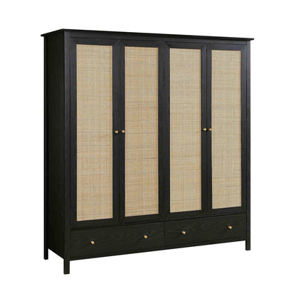 Frances Rattan 4-Door Wardrobe with 2 Drawers, Black