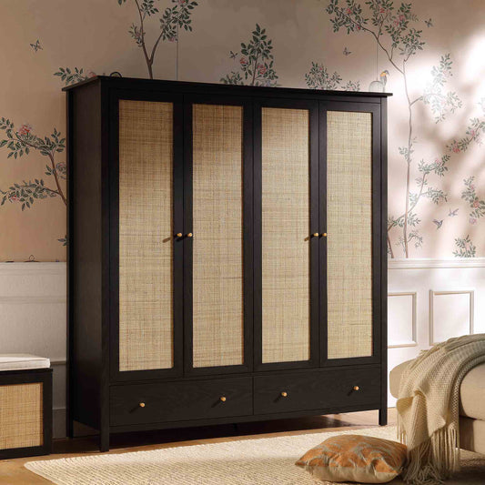 Frances Rattan 4-Door Wardrobe with 2 Drawers, Black