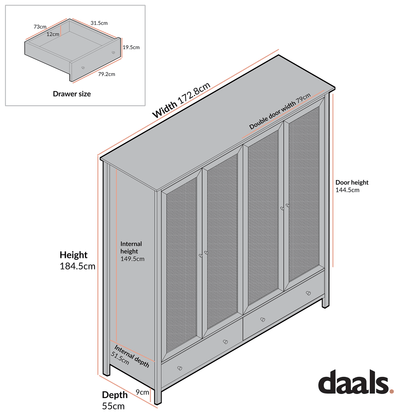 Frances Rattan 4-Door Wardrobe with 2 Drawers, Mint