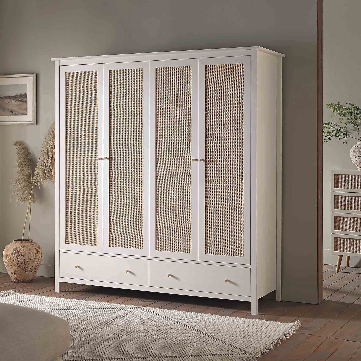 Frances Rattan 4-Door Wardrobe with 2 Drawers, White