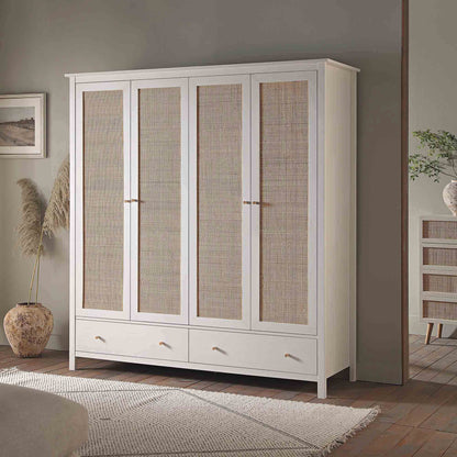 Frances Rattan 4-Door Wardrobe with 2 Drawers, White