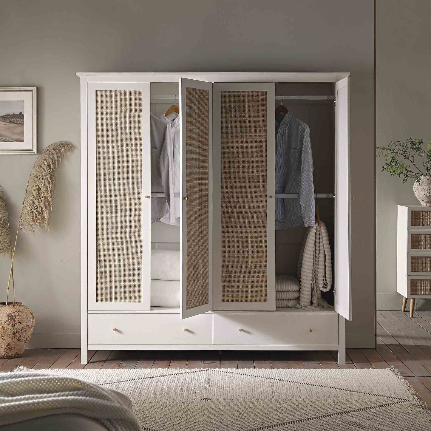 Frances Rattan 4-Door Wardrobe with 2 Drawers, White