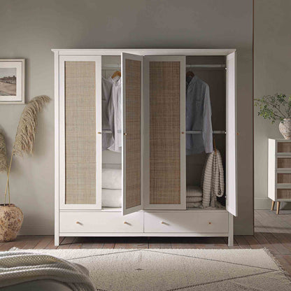 Frances Rattan 4-Door Wardrobe with 2 Drawers, White