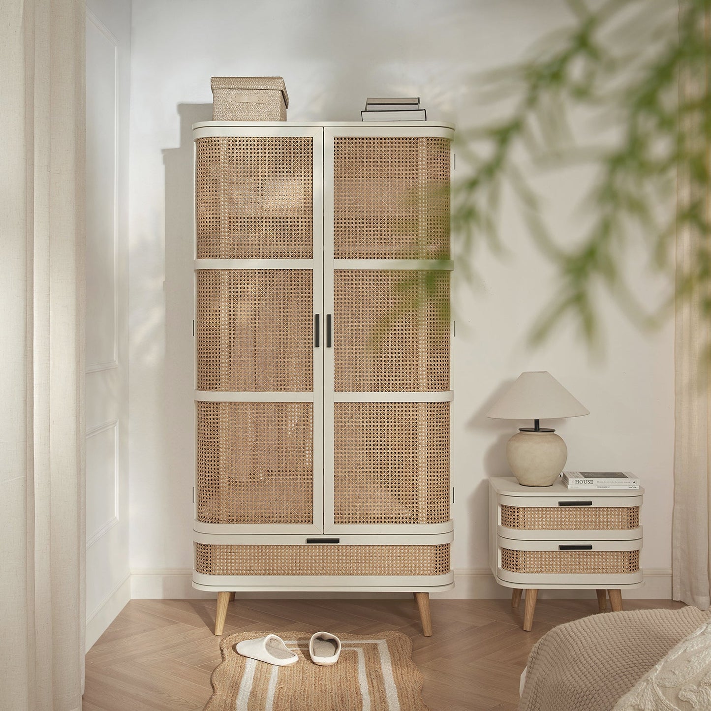 Izzy Curved Rattan Double Wardrobe, White