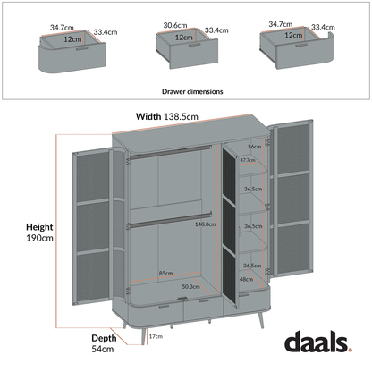 Izzy Curved Rattan Triple Wardrobe, Natural