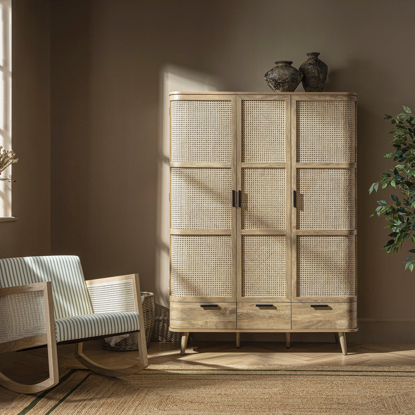 Izzy Curved Rattan Triple Wardrobe, Natural