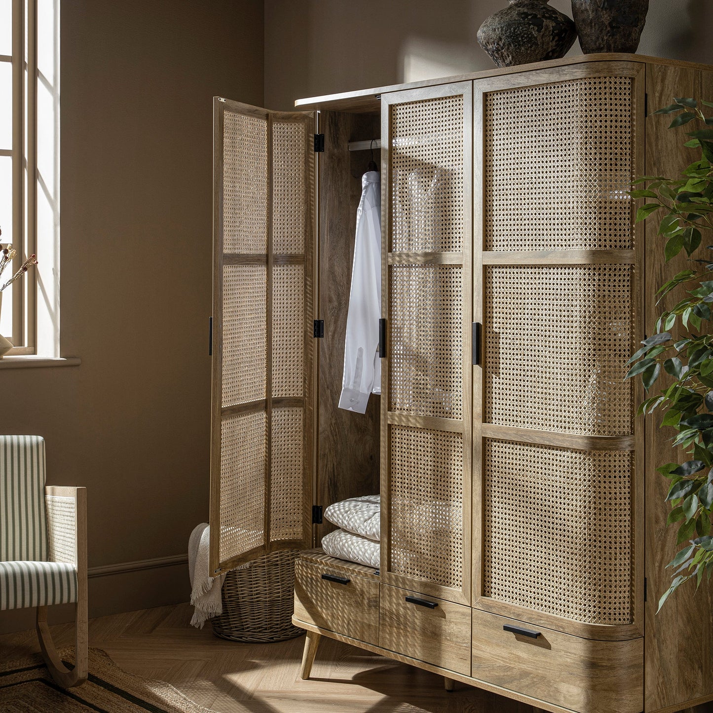 Izzy Curved Rattan Triple Wardrobe, Natural
