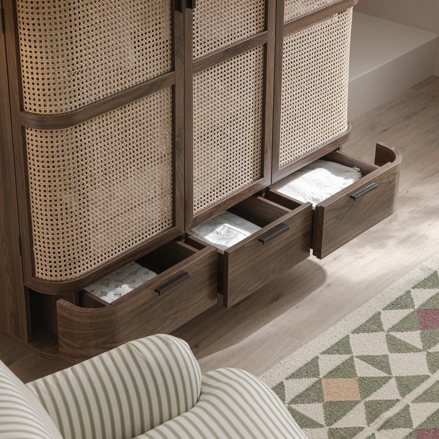 Izzy Curved Rattan Triple Wardrobe, Walnut