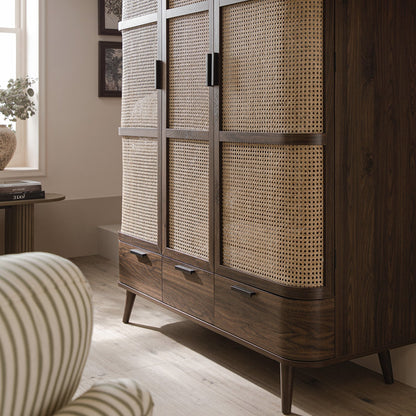 Izzy Curved Rattan Triple Wardrobe, Walnut