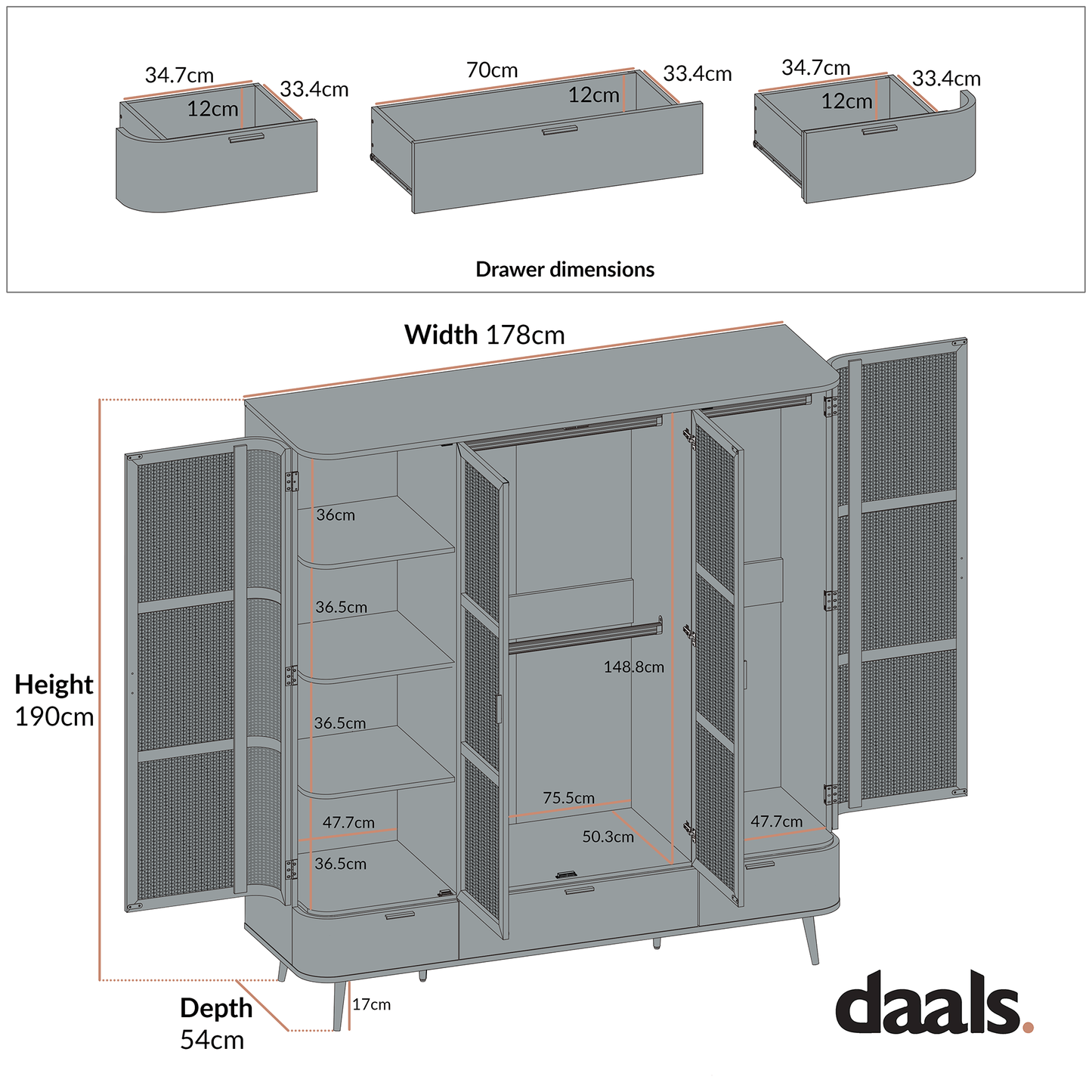 Izzy Curved Rattan 4-Door Wardrobe, Walnut
