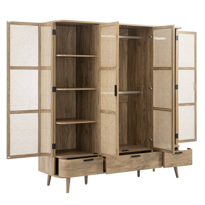 Izzy Curved Rattan 4-Door Wardrobe, Natural