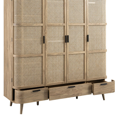 Izzy Curved Rattan 4-Door Wardrobe, Natural