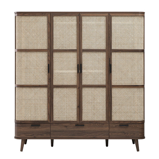 Izzy Curved Rattan 4-Door Wardrobe, Walnut
