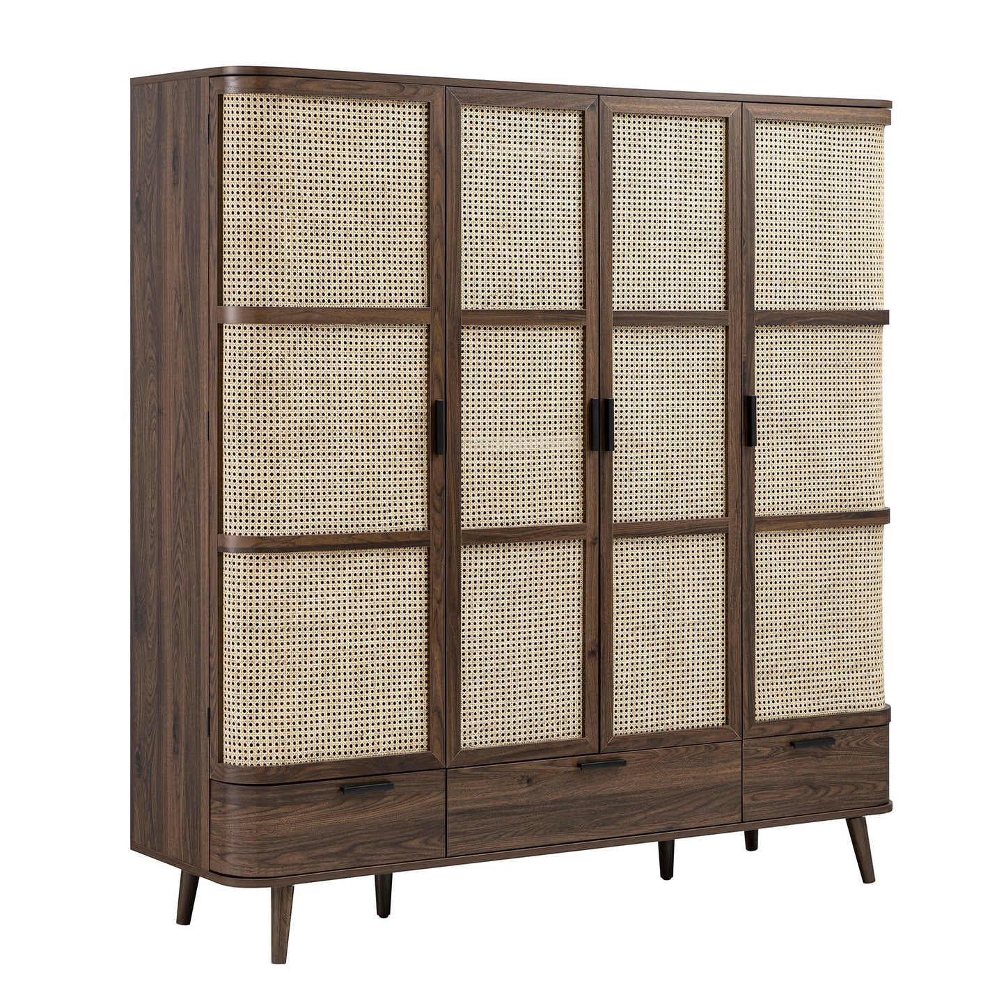 Izzy Curved Rattan 4-Door Wardrobe, Walnut