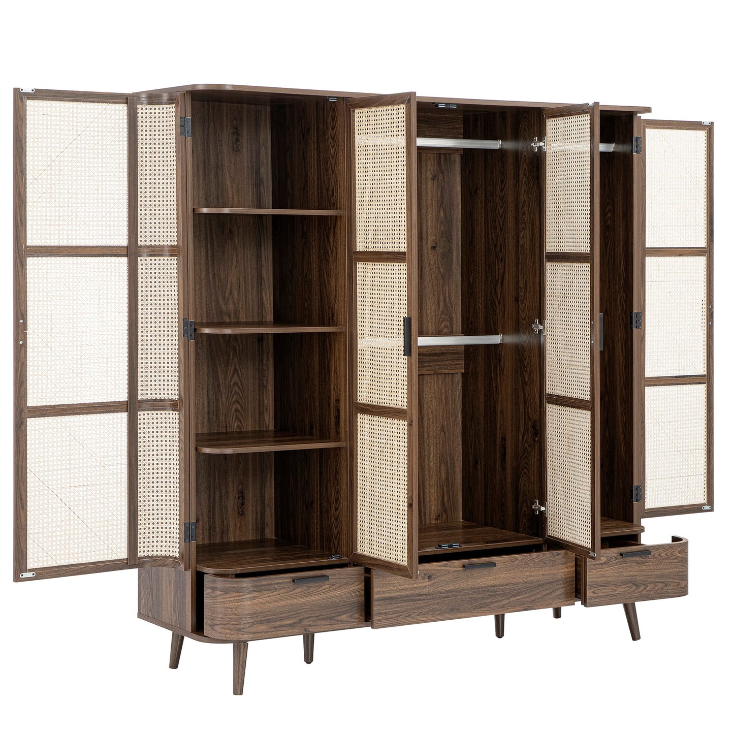 Izzy Curved Rattan 4-Door Wardrobe, Walnut