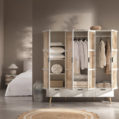 Izzy Curved Rattan 4-Door Wardrobe, White