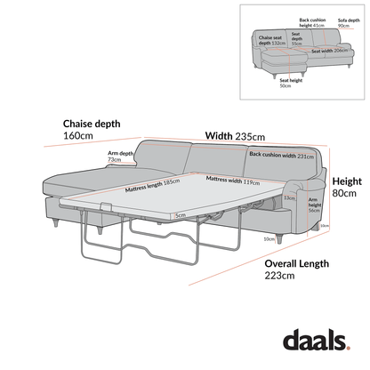 Daphnis Cinnamon Velvet Sofa Bed, Grande Chaise Left Hand Facing