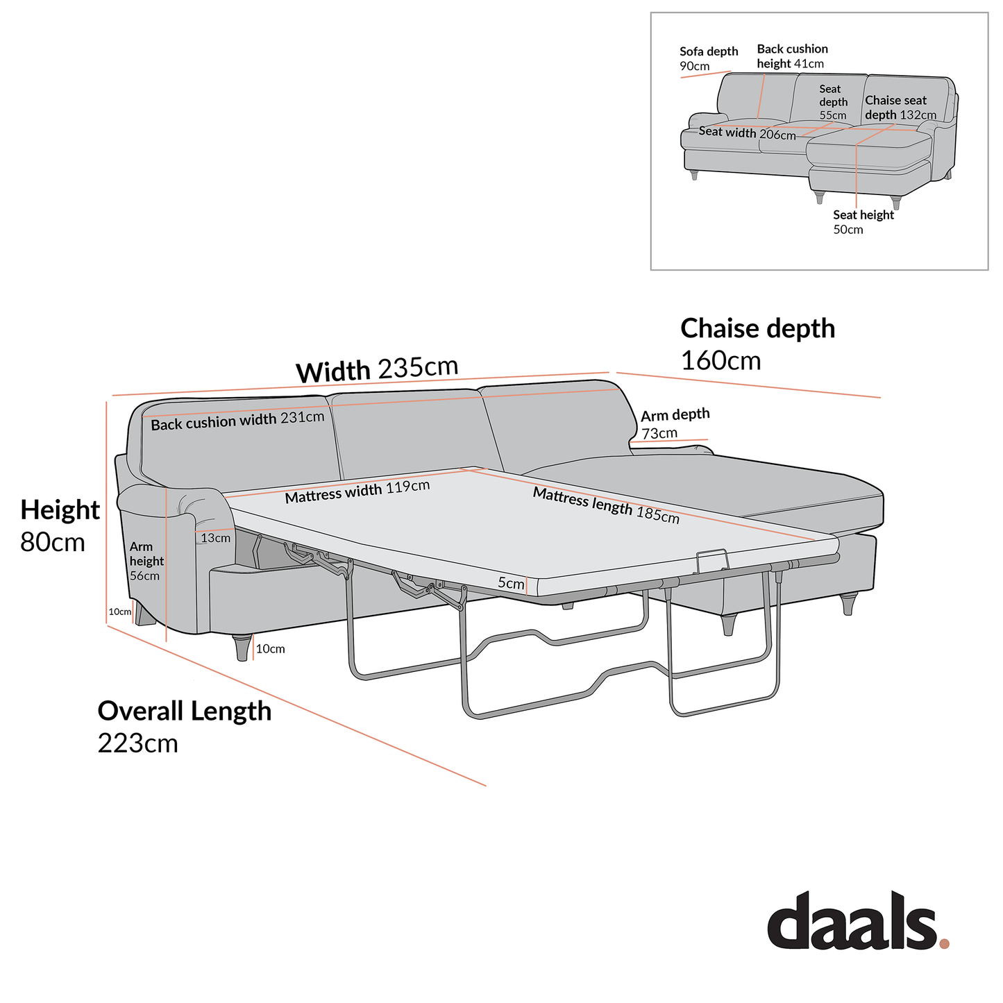 Daphnis Oatmeal Fabric Sofa Bed, Grande Chaise Right Hand Facing