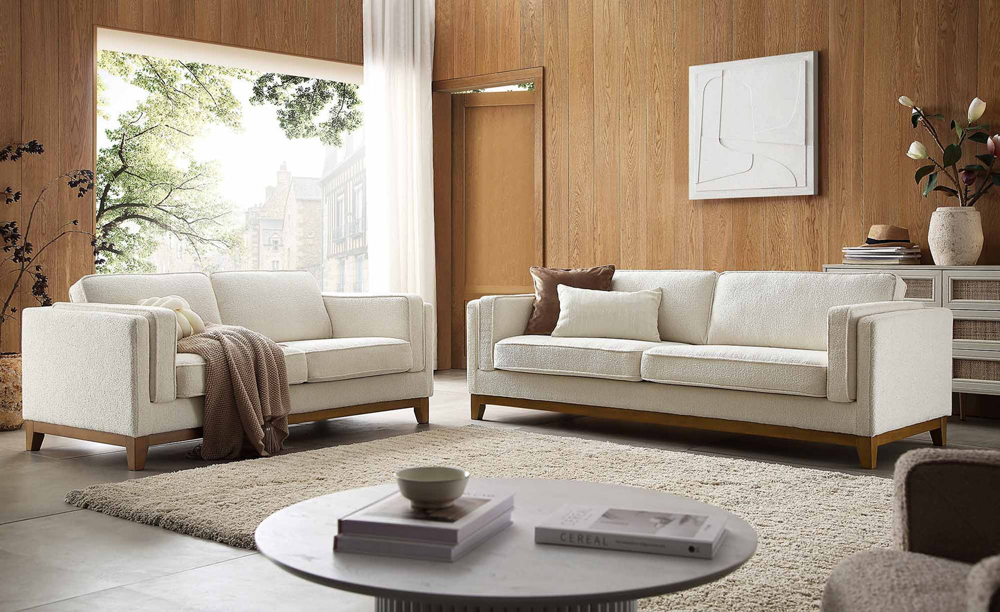 Dipley Beige Boucle Fabric Sofa, 2-Seater