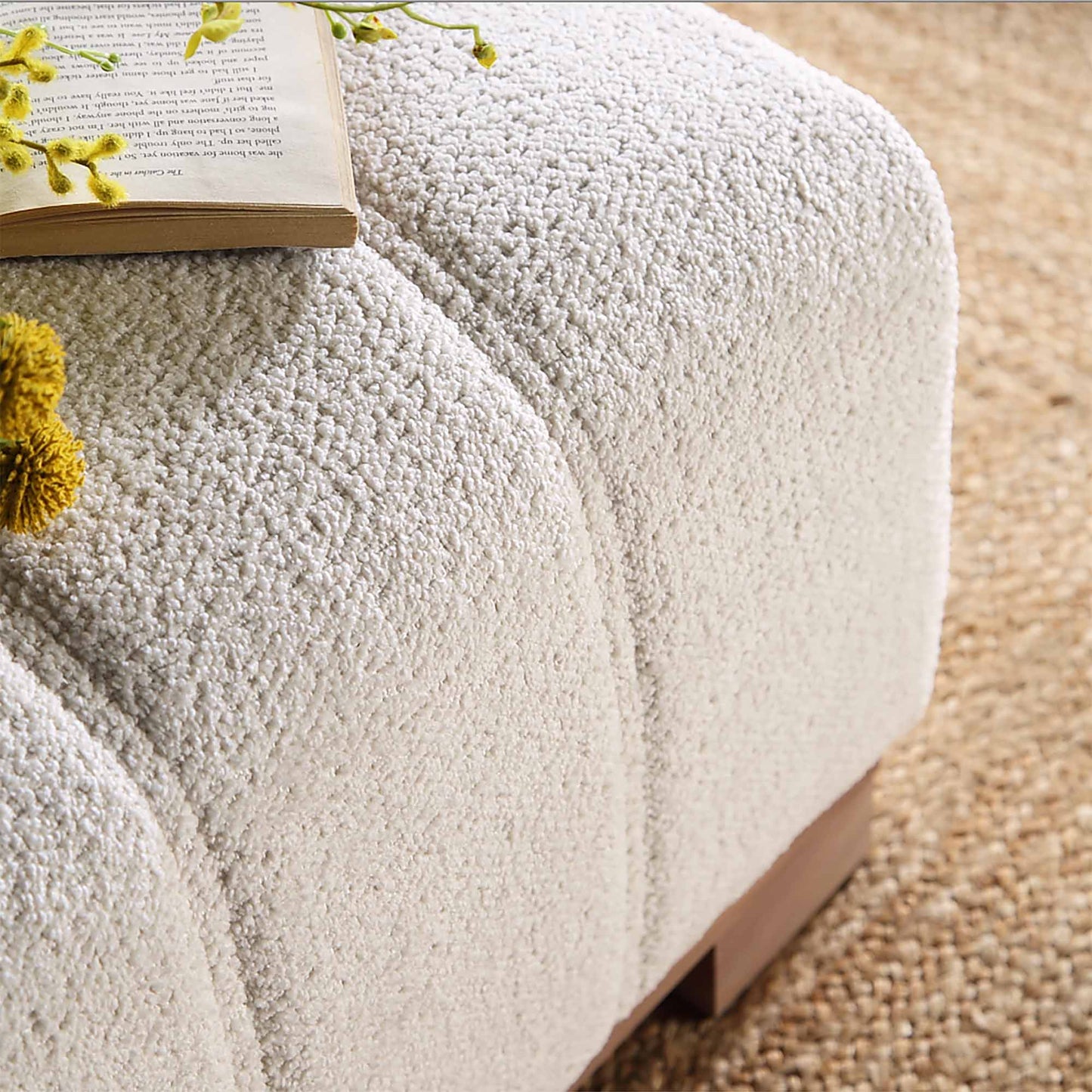 Belsize Beige Boucle Footstool with Wooden Base