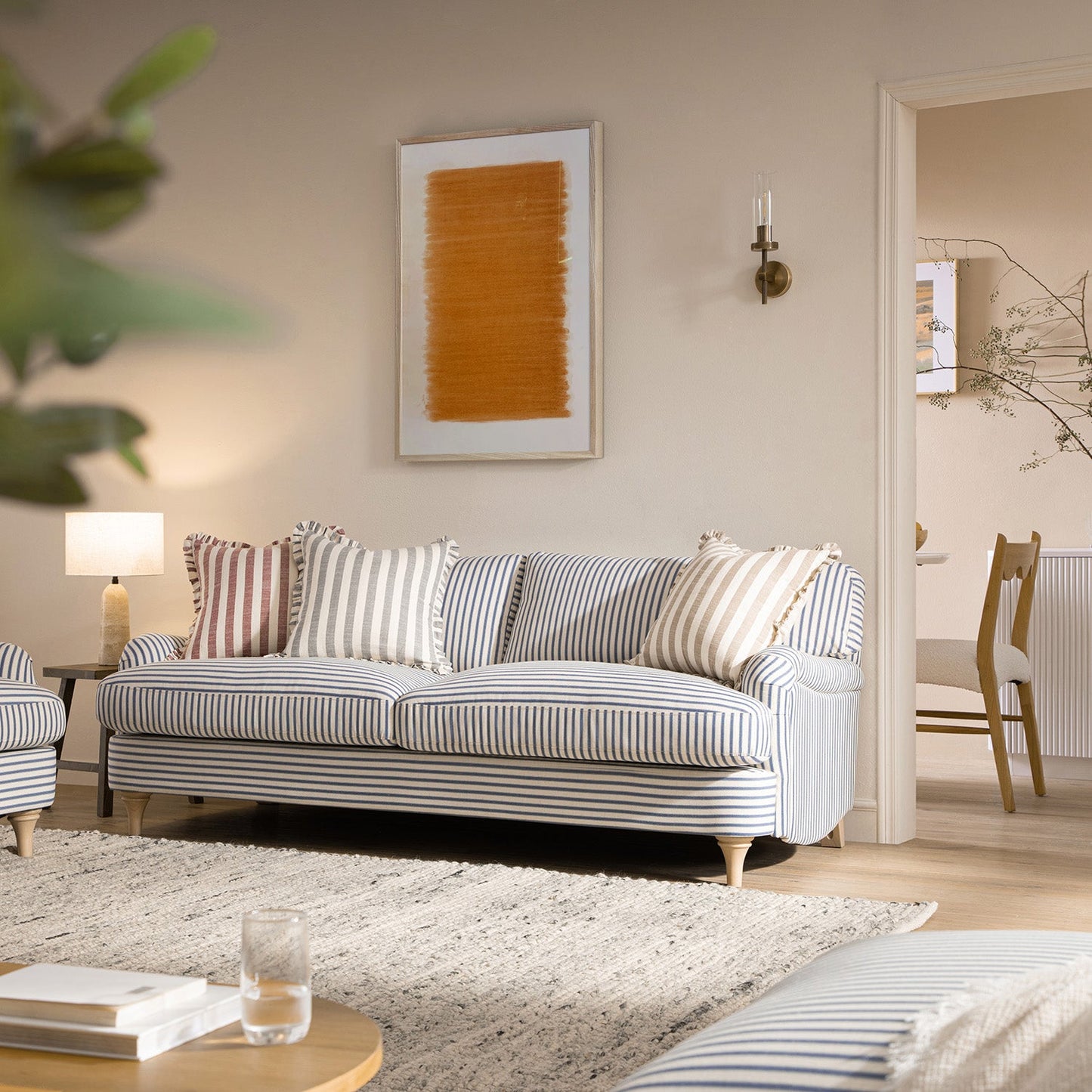 Daphnis Blue Striped Linen Blend Sofa, 3-Seater