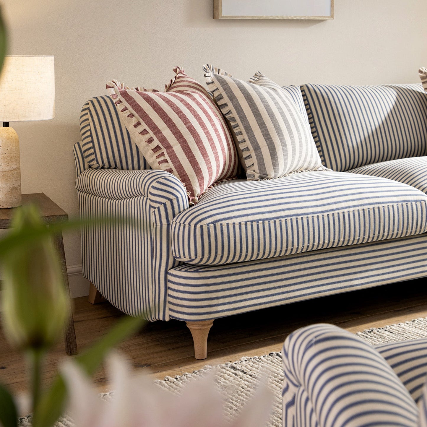 Daphnis Blue Striped Linen Blend Sofa, 3-Seater