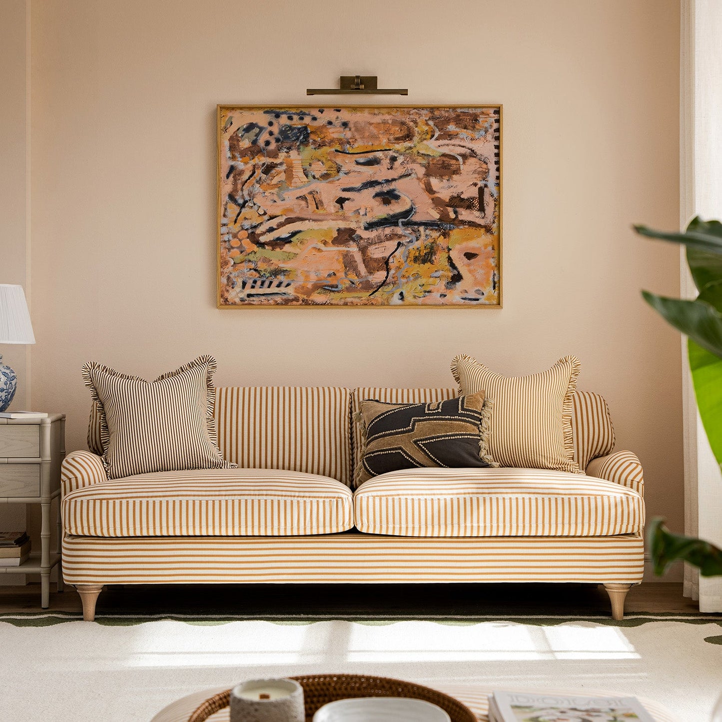 Daphnis Ochre Striped Linen Blend Sofa, 3-Seater