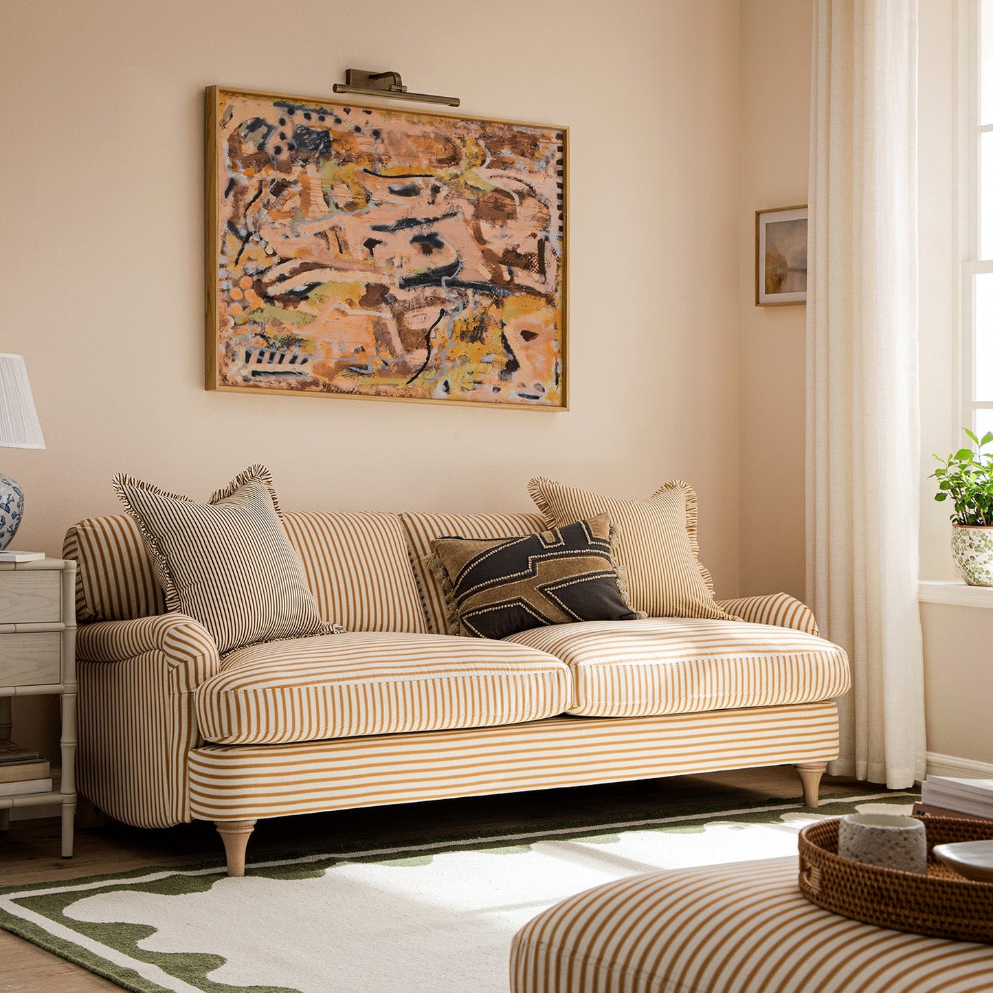 Daphnis Ochre Striped Linen Blend Sofa, 3-Seater