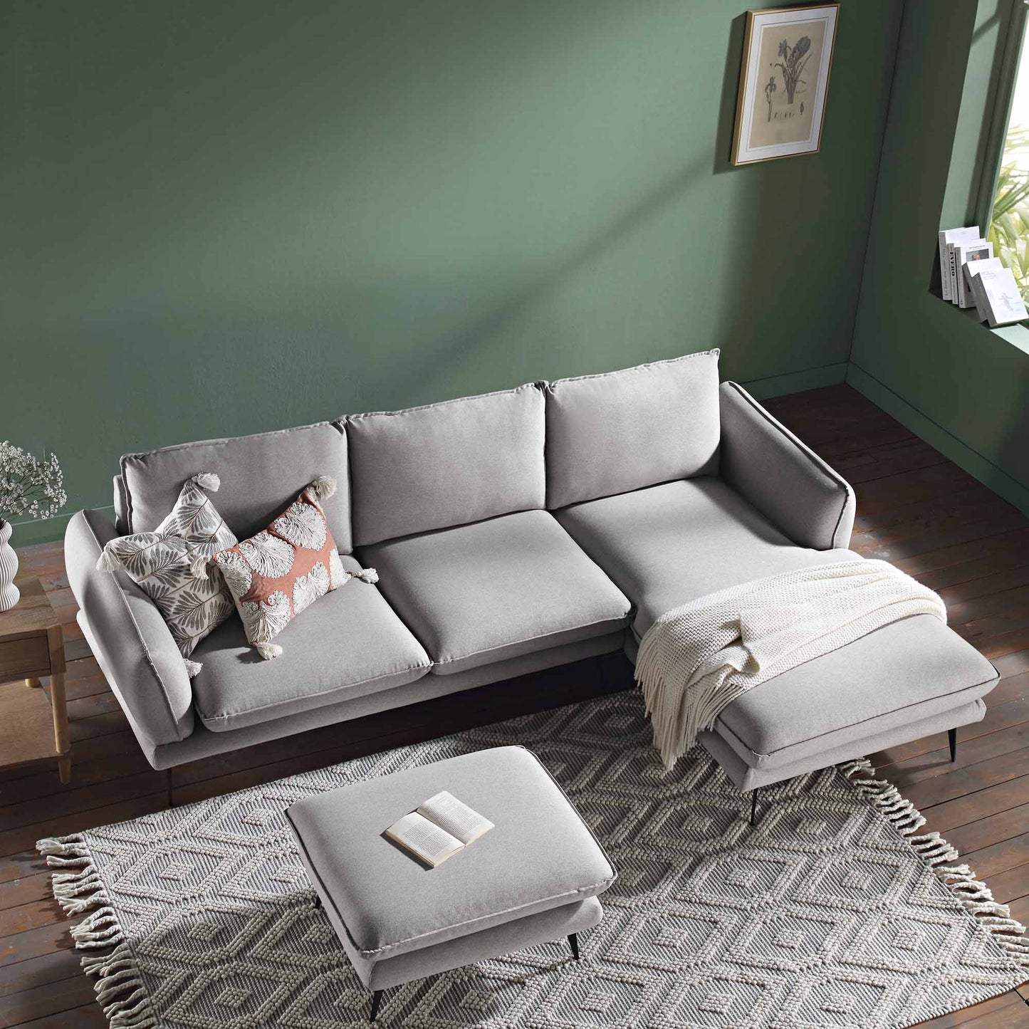 Obriel Grey Marl Fabric Sofa, Grande Chaise Sofa Right Hand Facing