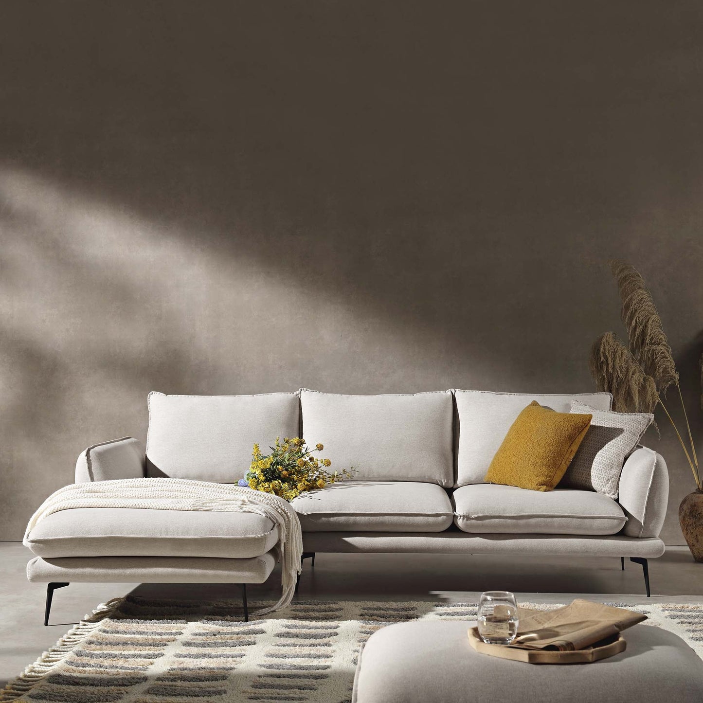 Obriel Oatmeal Fabric Sofa, Grande Chaise Sofa Left Hand Facing