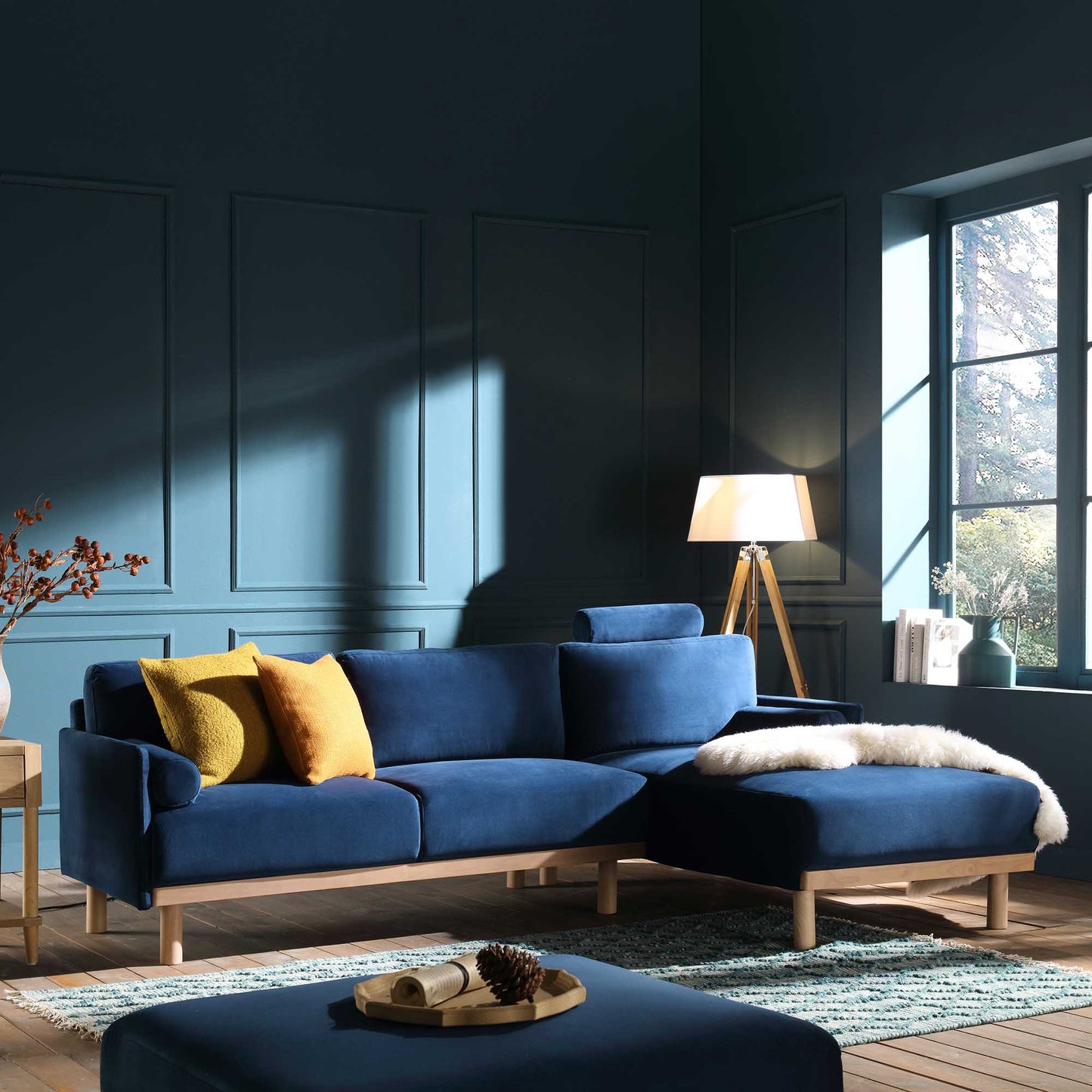 Timber Navy Blue Velvet Sofa, Large 3-Seater Chaise Sofa Right Hand Facing