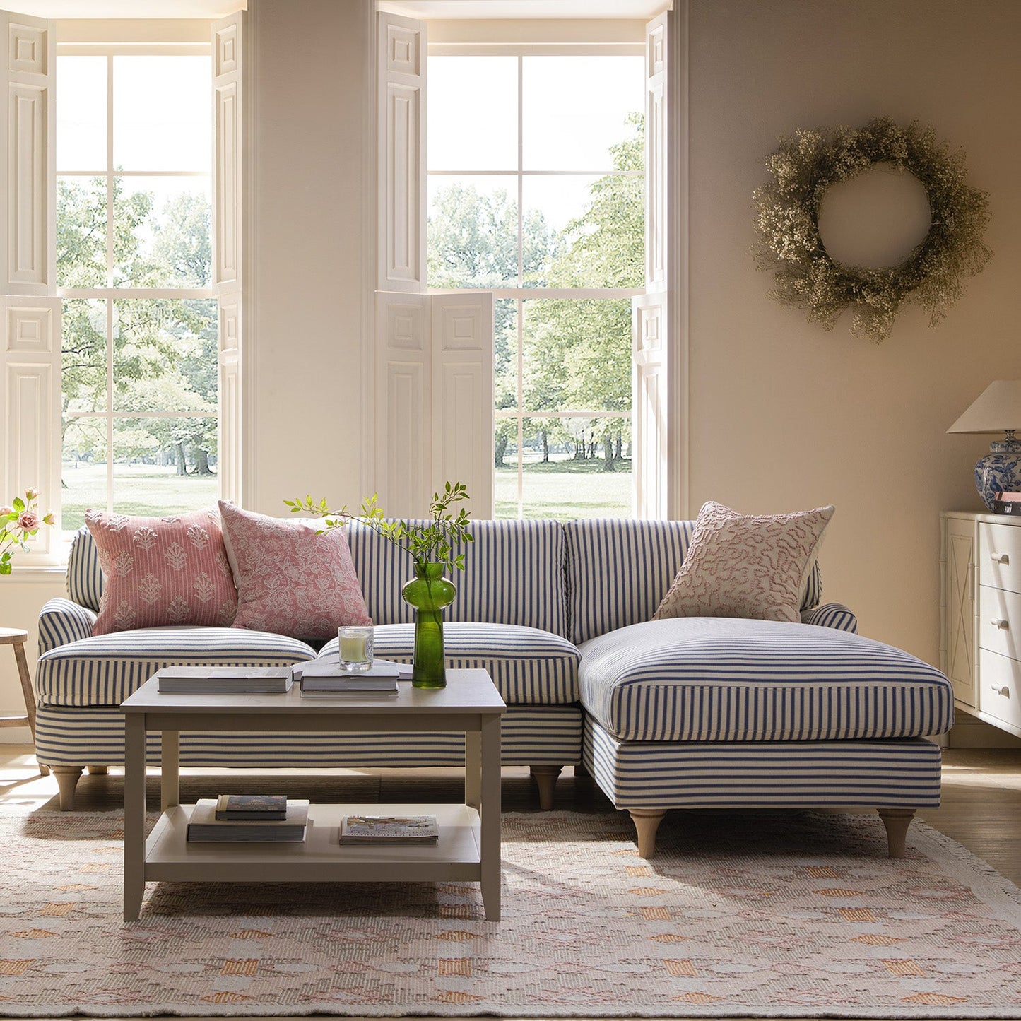 Daphnis Blue Striped Linen Blend Sofa, Grande Chaise Sofa Right Hand Facing