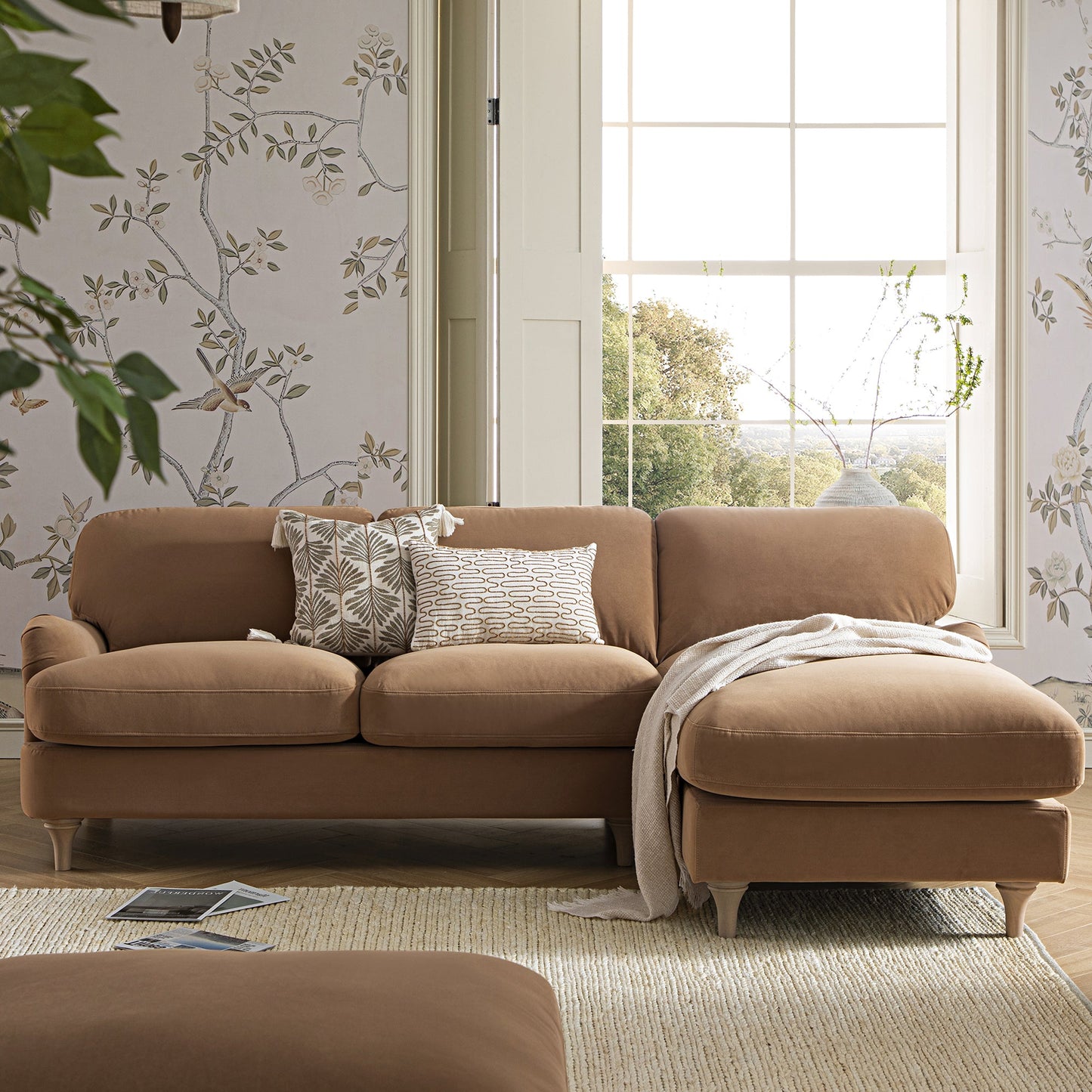 Daphnis Camel Velvet Sofa, Grande Chaise Sofa Right Hand Facing