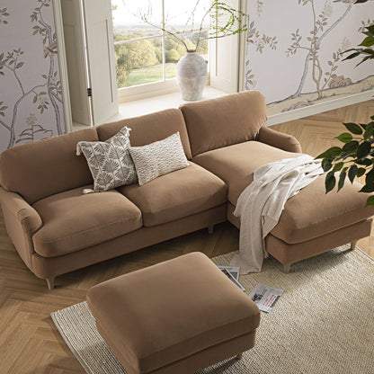 Daphnis Camel Velvet Sofa, Grande Chaise Sofa Right Hand Facing