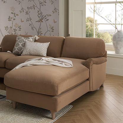 Daphnis Camel Velvet Sofa, Grande Chaise Sofa Right Hand Facing