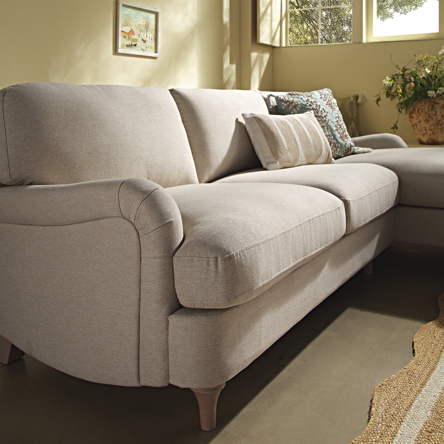 Daphnis Oatmeal Fabric Sofa, Grande Chaise Sofa Right Hand Facing