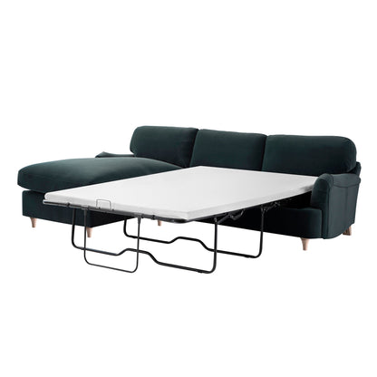 Daphnis Aegean Blue Velvet Sofa Bed, Grande Chaise Left Hand Facing