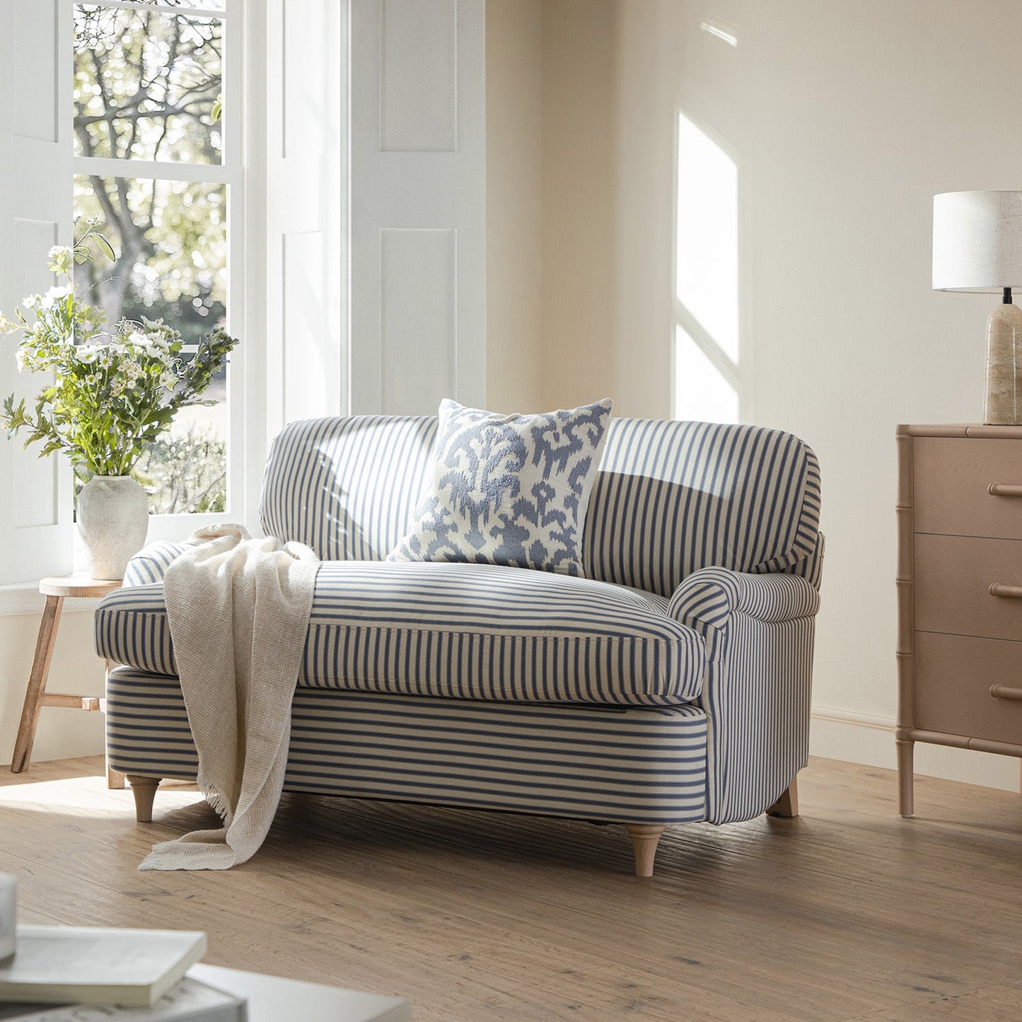 Daphnis Blue Striped Linen Blend Fabric Sofa Bed, Loveseat