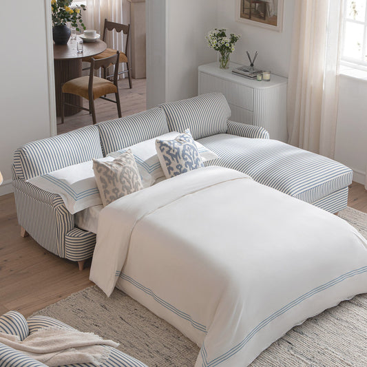 Daphnis Blue Striped Linen Blend Sofa Bed, Grande Chaise Right Hand Facing