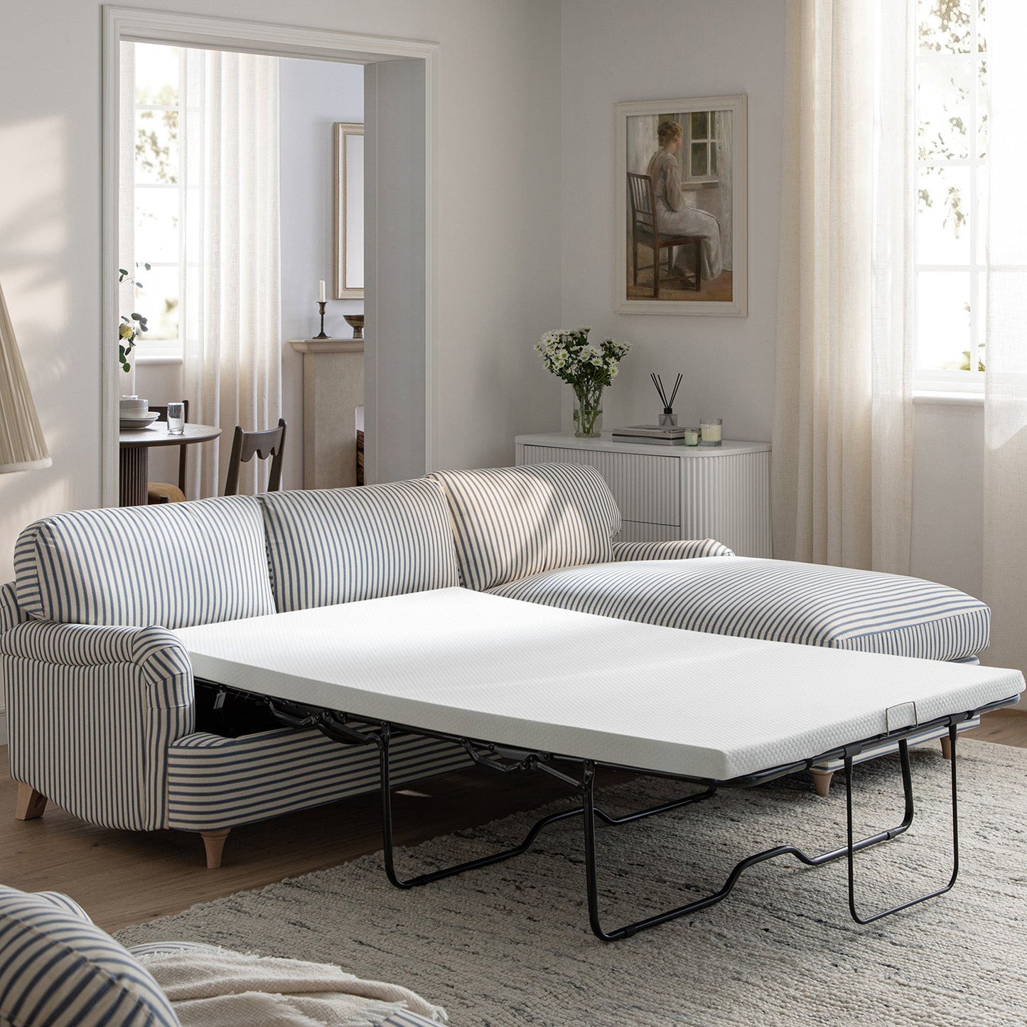 Daphnis Blue Striped Linen Blend Sofa Bed, Grande Chaise Right Hand Facing