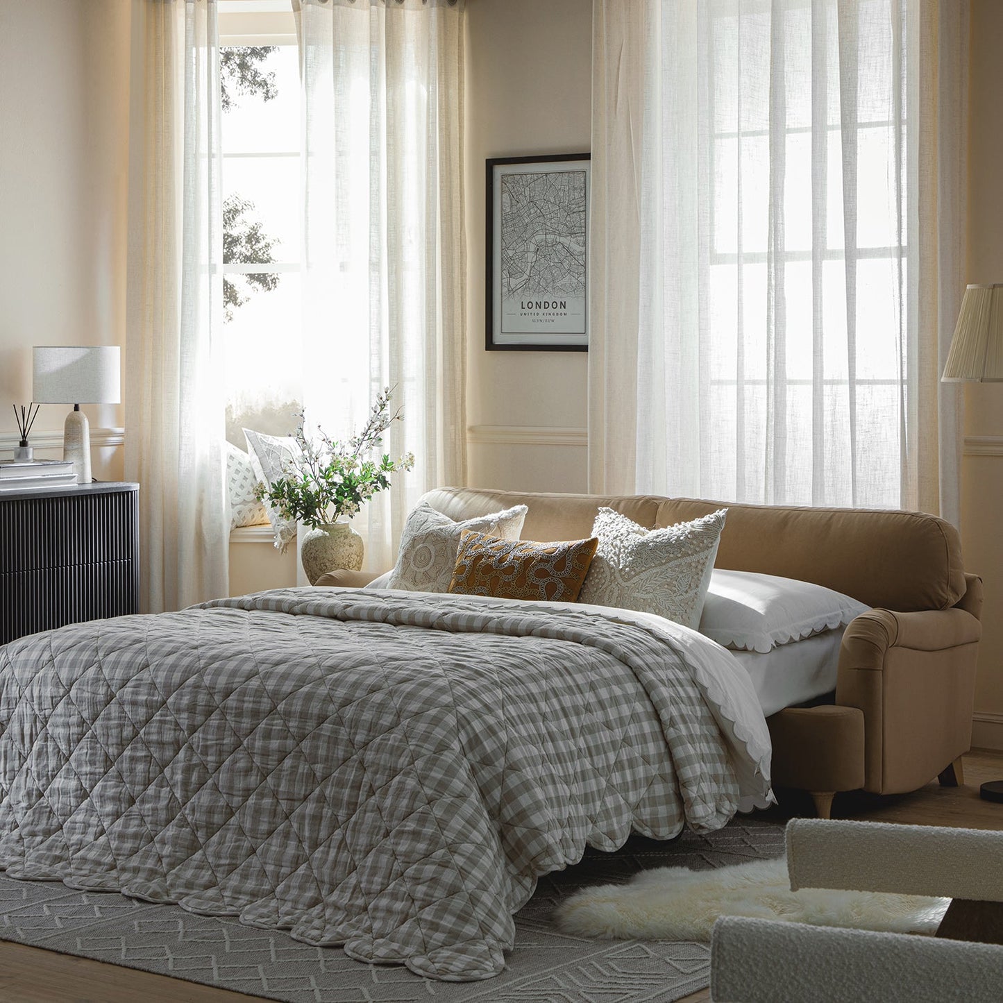 Daphnis Camel Velvet Sofa Bed, Large 3-Seater