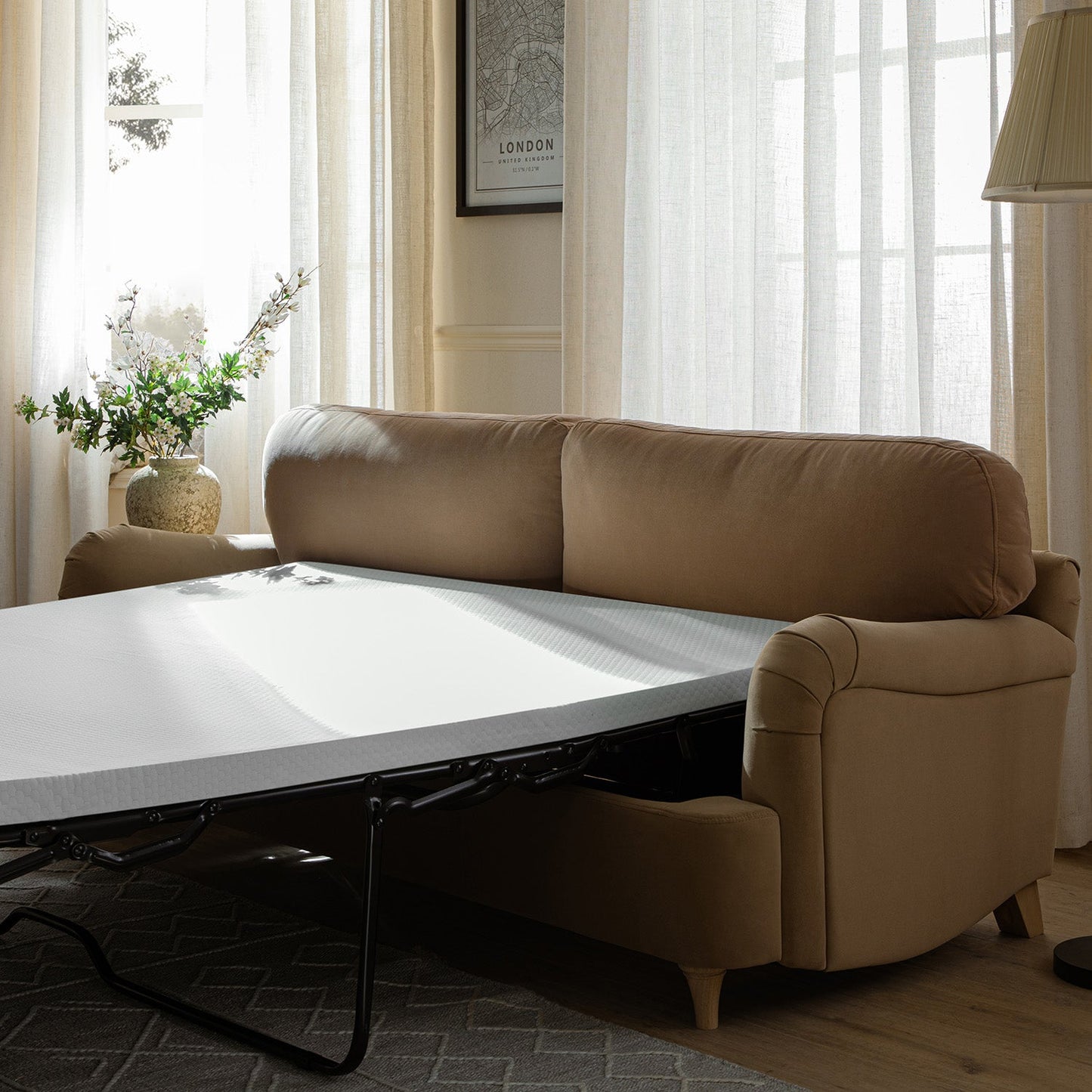 Daphnis Camel Velvet Sofa Bed, Large 3-Seater