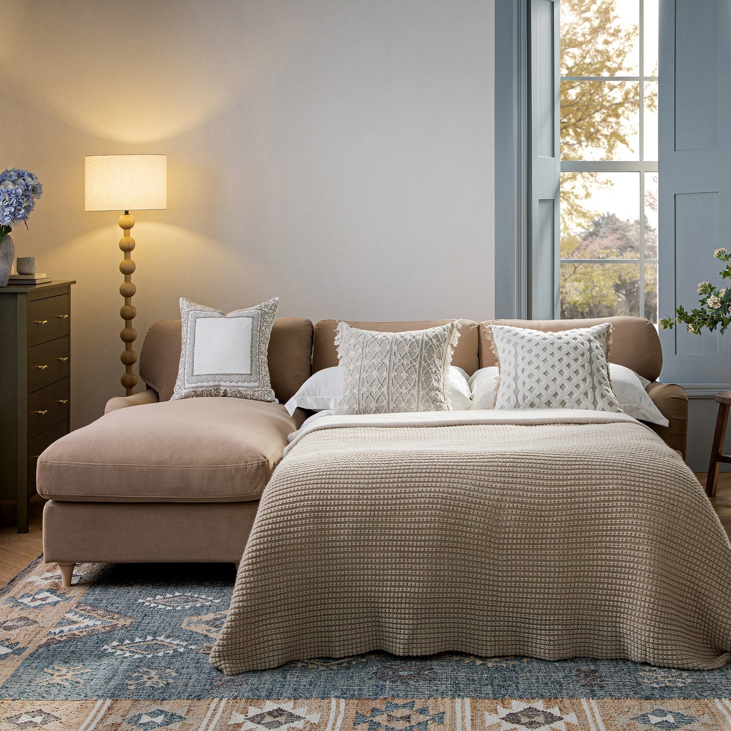 Daphnis Camel Velvet Sofa Bed, Grande Chaise Left Hand Facing