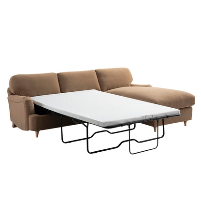 Daphnis Camel Velvet Sofa Bed, Grande Chaise Right Hand Facing