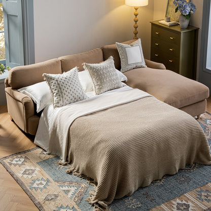 Daphnis Camel Velvet Sofa Bed, Grande Chaise Right Hand Facing