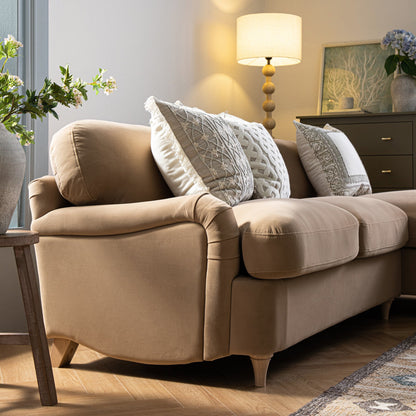 Daphnis Camel Velvet Sofa Bed, Grande Chaise Right Hand Facing