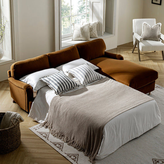 Daphnis Cinnamon Velvet Sofa Bed, Grande Chaise Sofa Right Hand Facing