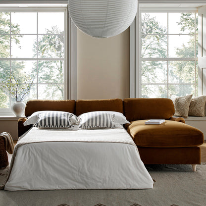 Daphnis Cinnamon Velvet Sofa Bed, Grande Chaise Sofa Right Hand Facing