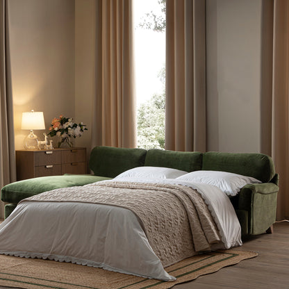 Daphnis Fern Green Velvet Sofa Bed, Grande Chaise Left Hand Facing