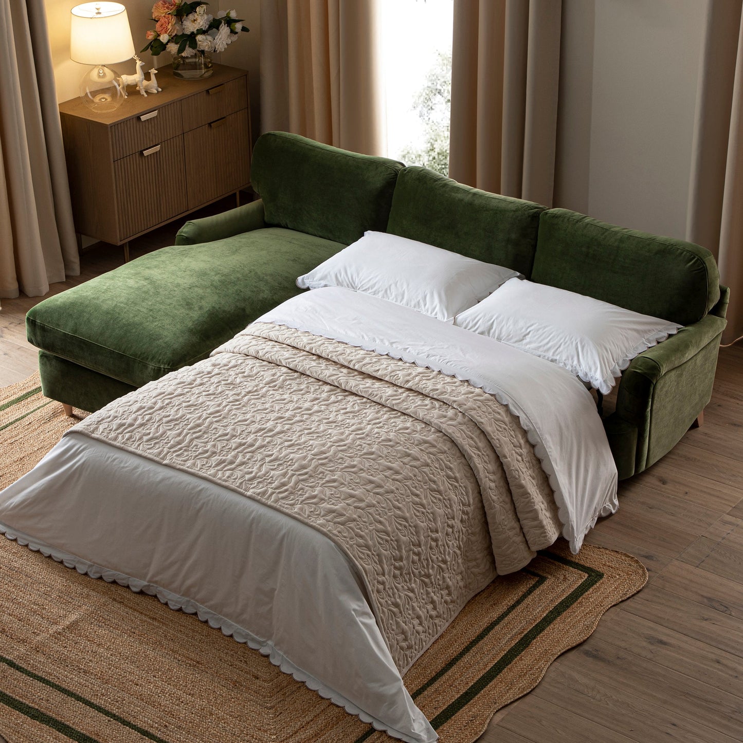 Daphnis Fern Green Velvet Sofa Bed, Grande Chaise Left Hand Facing
